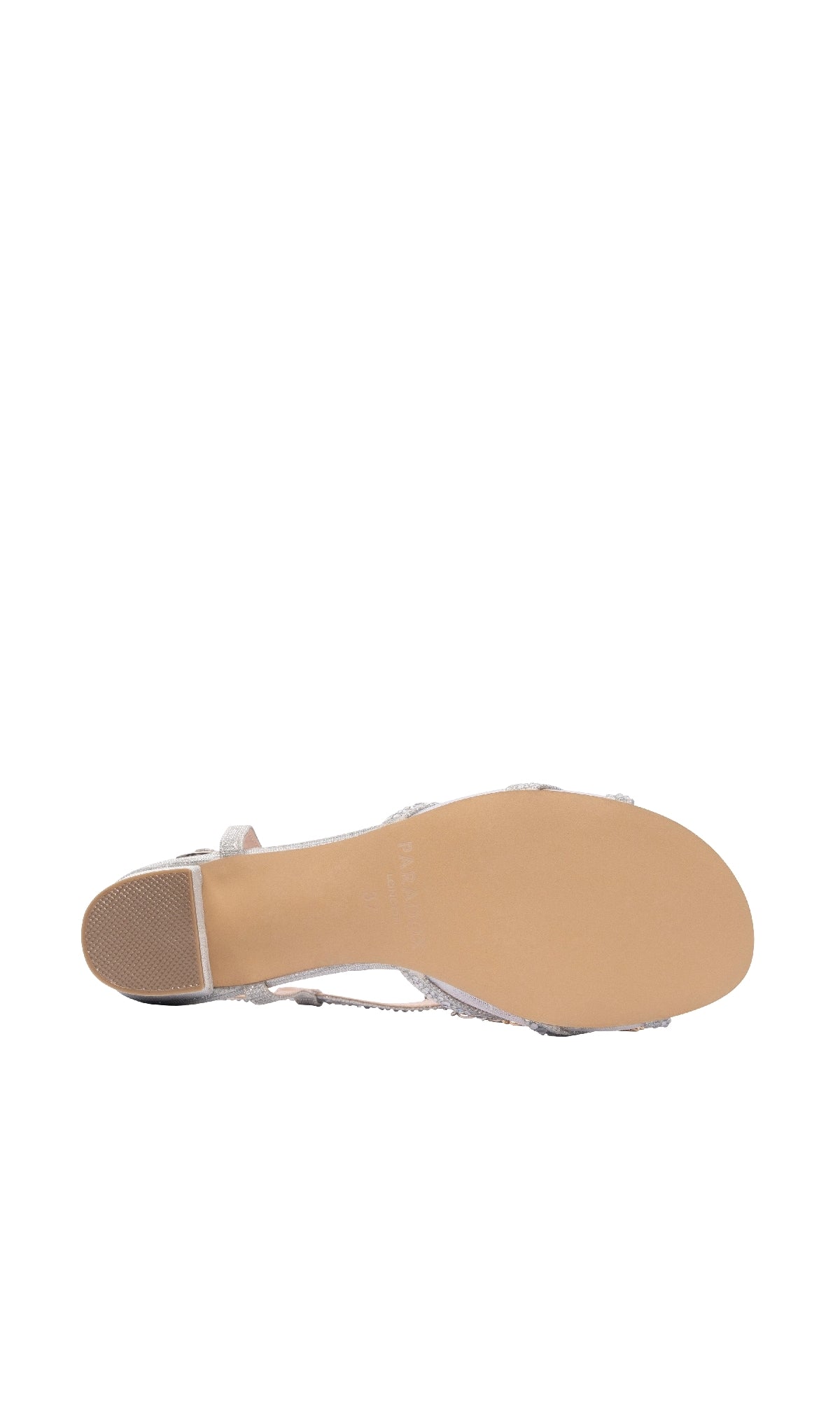 The Ingrid Silver Prom Shoes: Paradox London P2303 feature a flat sole with a light tan, textured heel patch and thin silver side strap—an elegant low-heel choice for prom.